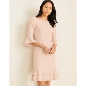 Ann Taylor Pastel Pink Flare 3/4 Sleeve Boat Neck Flounce Hem Sheath Dress Sz 10